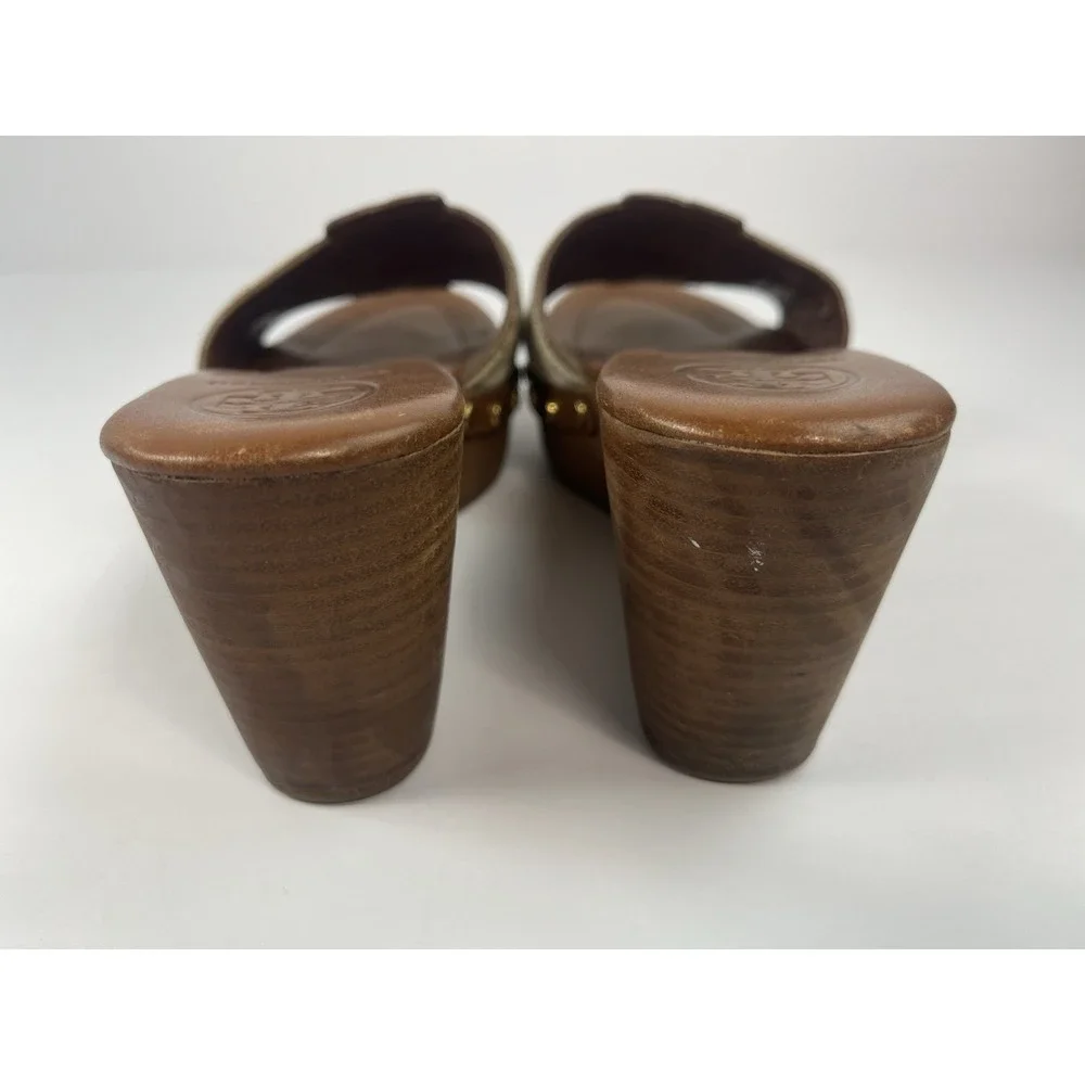 Tory Burch Terri Wood Canvas Wedge Sandals Women's Size 8.5M Brown Slip On